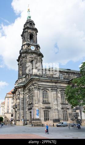 DRESDEN, GERMANY - AUGUST 22: Tourists at the Kreuzkirche church in Dresden, Germany on August 22, 2016. Dresden has almost 2 million visitors a Stock Photo