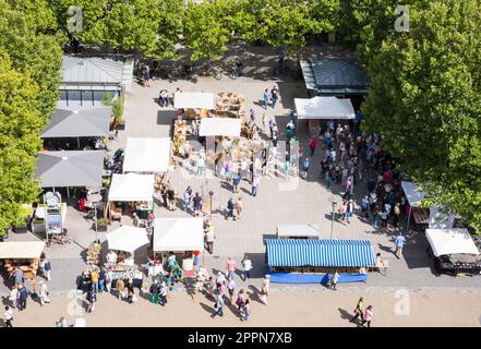 ERLANGEN, GERMANY - AUGUST 20: Aerial view over a market crowded with people in Erlangen, Germany on August 20, 2017 Stock Photo