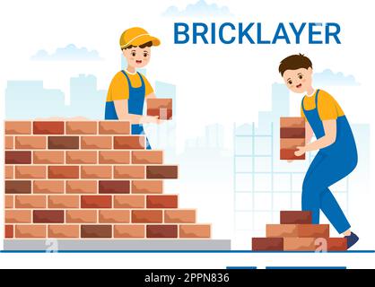 Bricklayer Worker Illustration with People Construction and Laying Bricks for Building a Wall in Flat Cartoon Hand Drawn Landing Page Templates Stock Vector