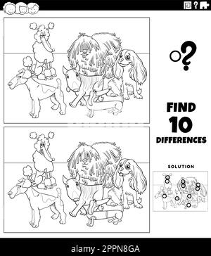 differences game with purebred dogs coloring page Stock Vector