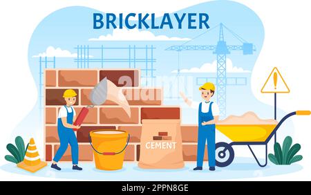 Bricklayer Worker Illustration with People Construction and Laying Bricks for Building a Wall in Flat Cartoon Hand Drawn Landing Page Templates Stock Vector