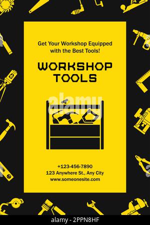 Workshop tools poster on yellow and black background. Suitable for use with card, poster, sales, ads. Vector Illustration. Stock Vector