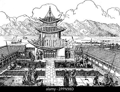 The garden house of Marco Polo on the lake at Yunnan-Fu, Yachi, China. From 'The Book of Ser Marco Polo, the Venetian : concerning the kingdoms and marvels of the East', 1871. Translated by Colonel Sir Henry Yule (1820-1889).