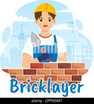 Vector cartoon bricklayer is building a brick wall Stock Vector Image ...