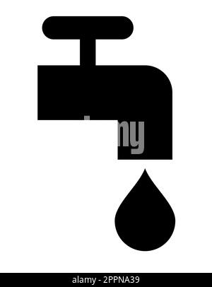 dripping water tap - black and white vector silhouette symbol illustration of faucet with drop, white background Stock Vector