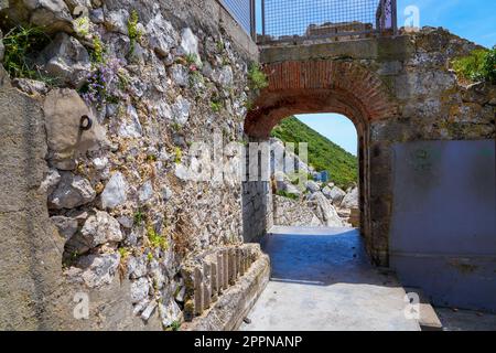 Remains of a military building at the top of the Rock of Gibraltar in the South of Spain Stock Photo