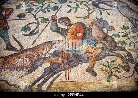 Detail of one of the best preserved mosaics of the archaeological site of the Roman town of La Olmeda in Pedrosa de la Vega (Palencia). Which represen Stock Photo