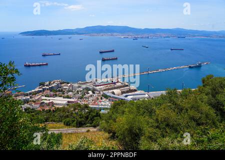 Aerial view of the harbor of Gibraltar as seen from the top of the rock of Gibraltar in the south of Spain, across the bay from Algésiras Stock Photo
