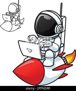 Cute Astronaut Playing Laptop on Rocket with Black and White Line Art Drawing Stock Vector