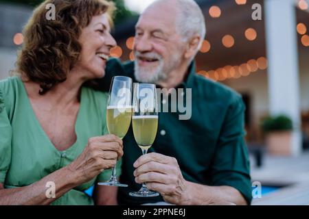 Senior man with his wife celebrating birthday and toasting with wine near backyard pool. Stock Photo