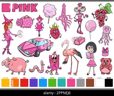 set with cartoon characters and objects in pink Stock Vector