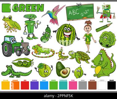 set with cartoon characters and objects in green Stock Vector