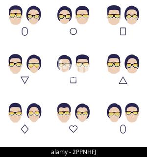 Set of silhouettes of various types of sunglasses. Faces shapes to glasses frames comparison scheme. Vector illustration. Stock Vector