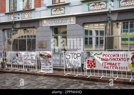 Stop Killing People! Banners protesting against war in Ukraine on a fence  in front of Russian Embassy at Pikk 19 in Tallinn, Estonia. Stock Photo