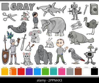 set with cartoon characters and objects in gray Stock Vector
