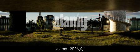 view from the vertical garden of a skyscraper over the roofs of other tall buildings - 3D Illustration Stock Photo