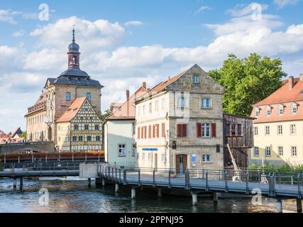 BAMBERG, GERMANY - SEPTEMBER 4: Tourists at Altes Rathaus in Bamberg, Germany on September 4, 2015. The historic town hall was built in the 14th Stock Photo