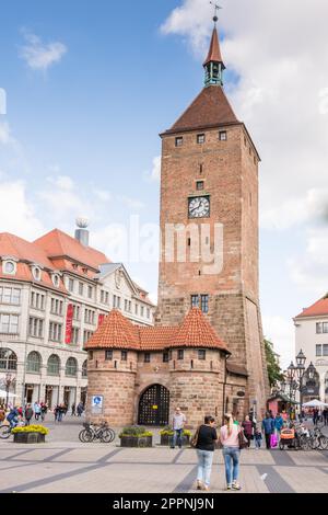 NUERNBERG, GERMANY - SEPTEMBER 5: Tourist at the Weisser Turm tower in Nuernberg, Germany on September 5, 2015. Nuremberg is the second biggest city Stock Photo