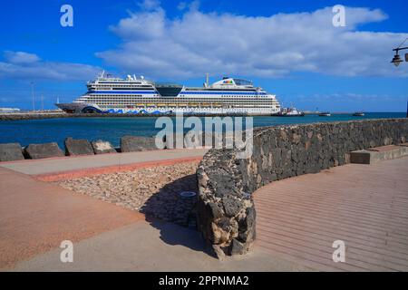 Cruise ship moored in Puerto del Rosario's harbour, the capital of Fuerteventura island in the Canary Islands, Spain - German tourist vessel in the At Stock Photo