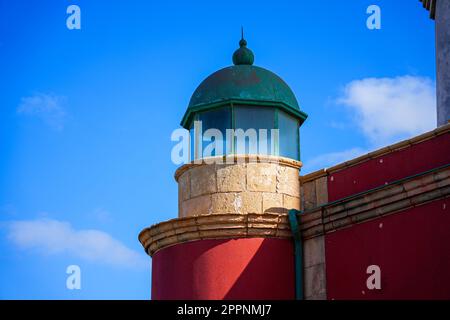 Round corner tower on the guardian house of the lighthouse of El Toston on the north coast of Fuerteventura in the Canary Islands Stock Photo