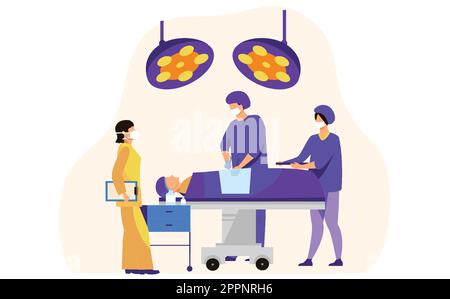 Surgeons team surrounding patient on operation table Stock Vector