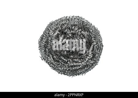 Stainless steel scrubber. Scouring pad isolated on a white background. Metal sponge for washing dishes and cleaning dried food. Stock Photo