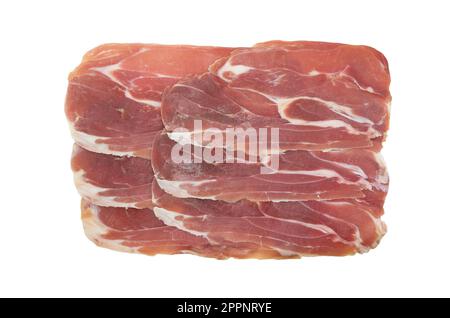 Jamon serrano. A Spanish ham isolated on white background. Traditional spanish jamon sliced. Dry cured meat ham. Hamon iberico Stock Photo