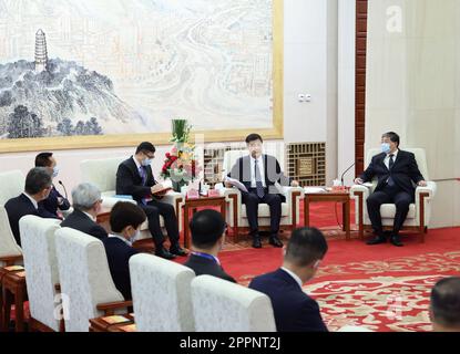 Beijing, China. 24th Apr, 2023. Chinese State Councilor and Minister of Public Security Wang Xiaohong meets with a delegation from the disciplined services of the Hong Kong Special Administrative Region (HKSAR), headed by Tang Ping-keung, the HKSAR government's secretary for security in Beijing, capital of China, April 24, 2023. Credit: Wang Ye/Xinhua/Alamy Live News Stock Photo