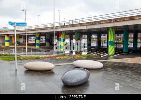 Tay Road Bridge artworks brightly painted pillars of the Tay Bridge Stock Photo