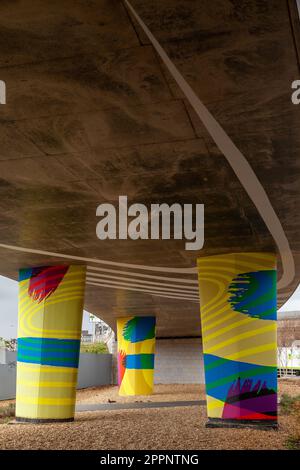 Tay Road Bridge artworks brightly painted pillars of the Tay Bridge Stock Photo