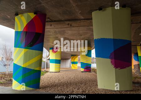 Tay Road Bridge artworks brightly painted pillars of the Tay Bridge Stock Photo