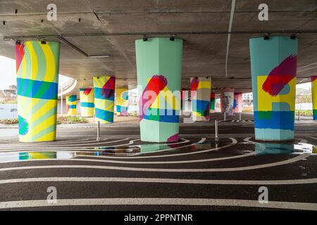 Tay Road Bridge artworks brightly painted pillars of the Tay Bridge Stock Photo