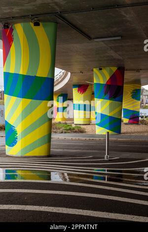 Tay Road Bridge artworks brightly painted pillars of the Tay Bridge Stock Photo