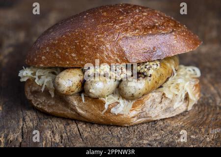 Grilled Nuremberg Sausages In A Roll Stock Photo