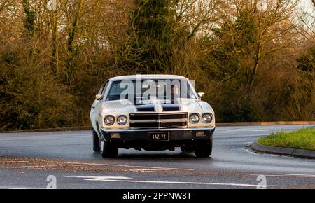 Stony Stratford, Bucks, UK, Jan 1st 2023. 1970 classic white Chevrolet Chevelle American car Stock Photo