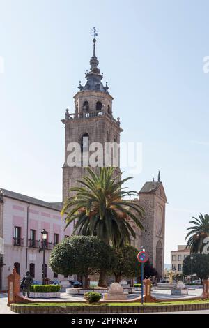 view of the plaza del pan, with the tower of the collegiate church in the background, Talavera de la Reina; Toledo, Spain Stock Photo