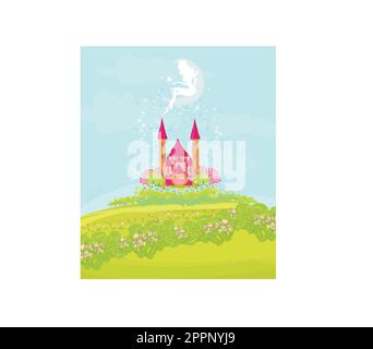 fairy flying above castle Stock Vector