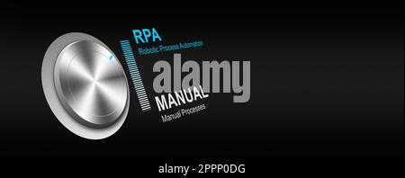 Selection of RPA (Robotic Process Automation) Mode by Turning the Knob on a Dark Background. Intelligent system automation. AI, Artificial intelligenc Stock Photo