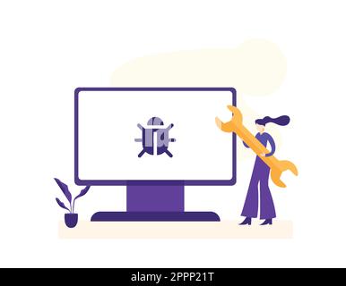 Computer Bug on Screen Flat Design Stock Vector