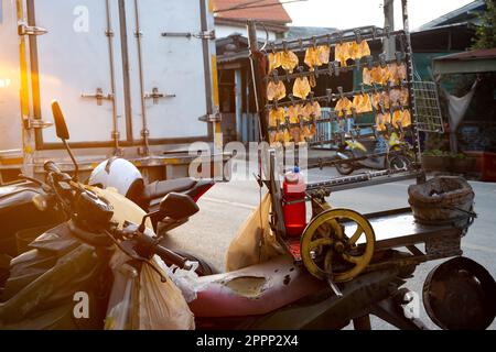 Dried pressed squid hang from a holder mounted on a street vendor's motorbike at sunset light, Thailand Stock Photo
