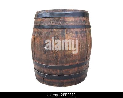 Old oak wine barrel isolated on white background. Oak barrel isolated. Old wooden barrel for wine Stock Photo