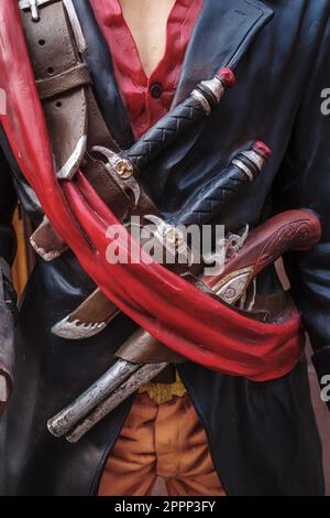 Strasbourg, France - December 13, 2022: Model of a pirate of the Caribbean carrying antique weapons on his belt Stock Photo