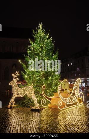 Christmas tree and New Year decorations at a traditional Advent fair in Zurich, Switzerland. Stock Photo