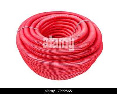 HDPE corrugated pipe isolated on white background. Protection underground cable. Rolled up red corrugated PVC pipe. Red building pipes. Coated corruga Stock Photo