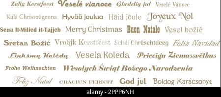 Merry Christmas. Gold greetings in different European languages. White back. Stock Vector