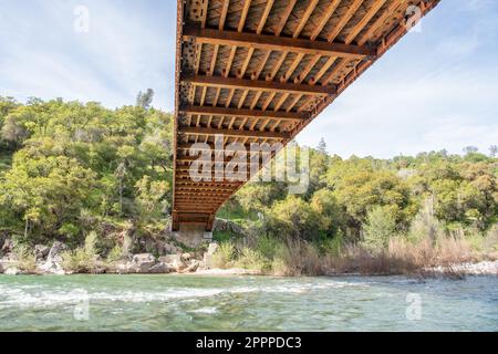 An unusual view from below the Bridgeport covered bridge, a historic landmark in South Yuba River State Park, Nevada County, California. Stock Photo