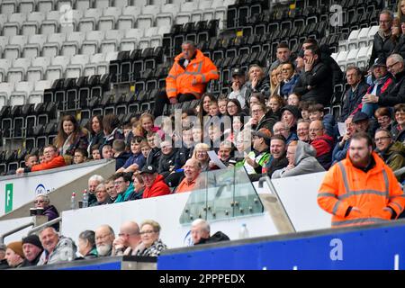 Swansea, Wales. 24 April 2023. Swansea City fans during the Professional Development League game between Swansea City Under 21 and Sheffield United Under 21 at the Swansea.com Stadium in Swansea, Wales, UK on 24 April 2023. Credit: Duncan Thomas/Majestic Media/Alamy Live News. Stock Photo