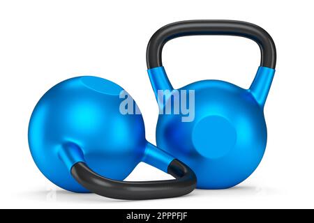Heavy gym blue kettlebell for workout isolated on white background. 3d rendering of sport equipment for fitness and powerlifting Stock Photo