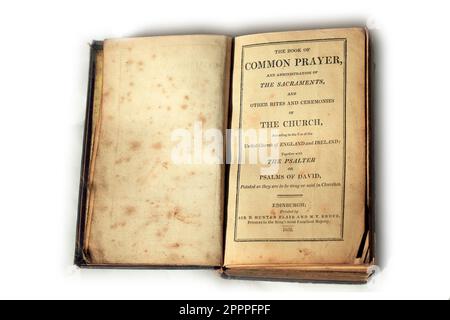 Title page of an old copy of The Book of Common Prayer. Book cover, studio set up. Stock Photo