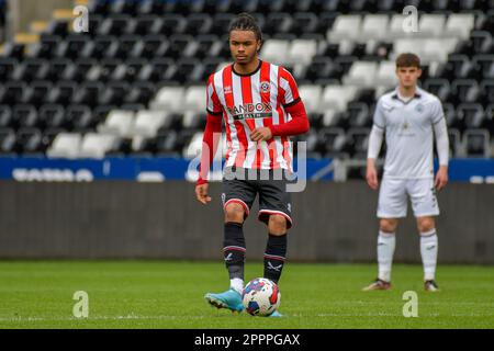 Swansea, Wales. 24 April 2023. Antwoine Hackford of Sheffield United during the Professional Development League game between Swansea City Under 21 and Sheffield United Under 21 at the Swansea.com Stadium in Swansea, Wales, UK on 24 April 2023. Credit: Duncan Thomas/Majestic Media/Alamy Live News. Stock Photo